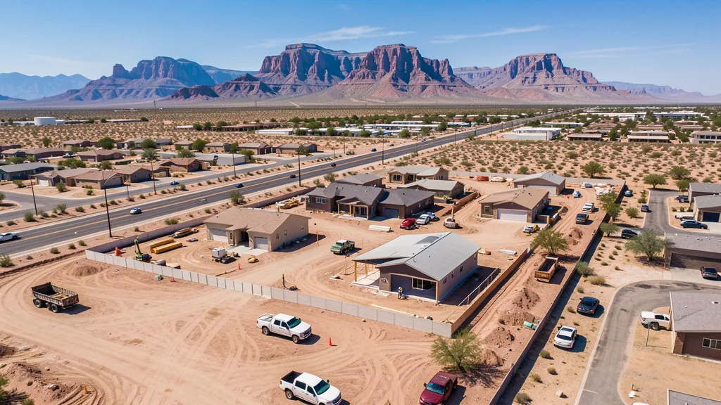 aerial imaging in progress at a construction site in Apache Junction, AZ with local terrain visible