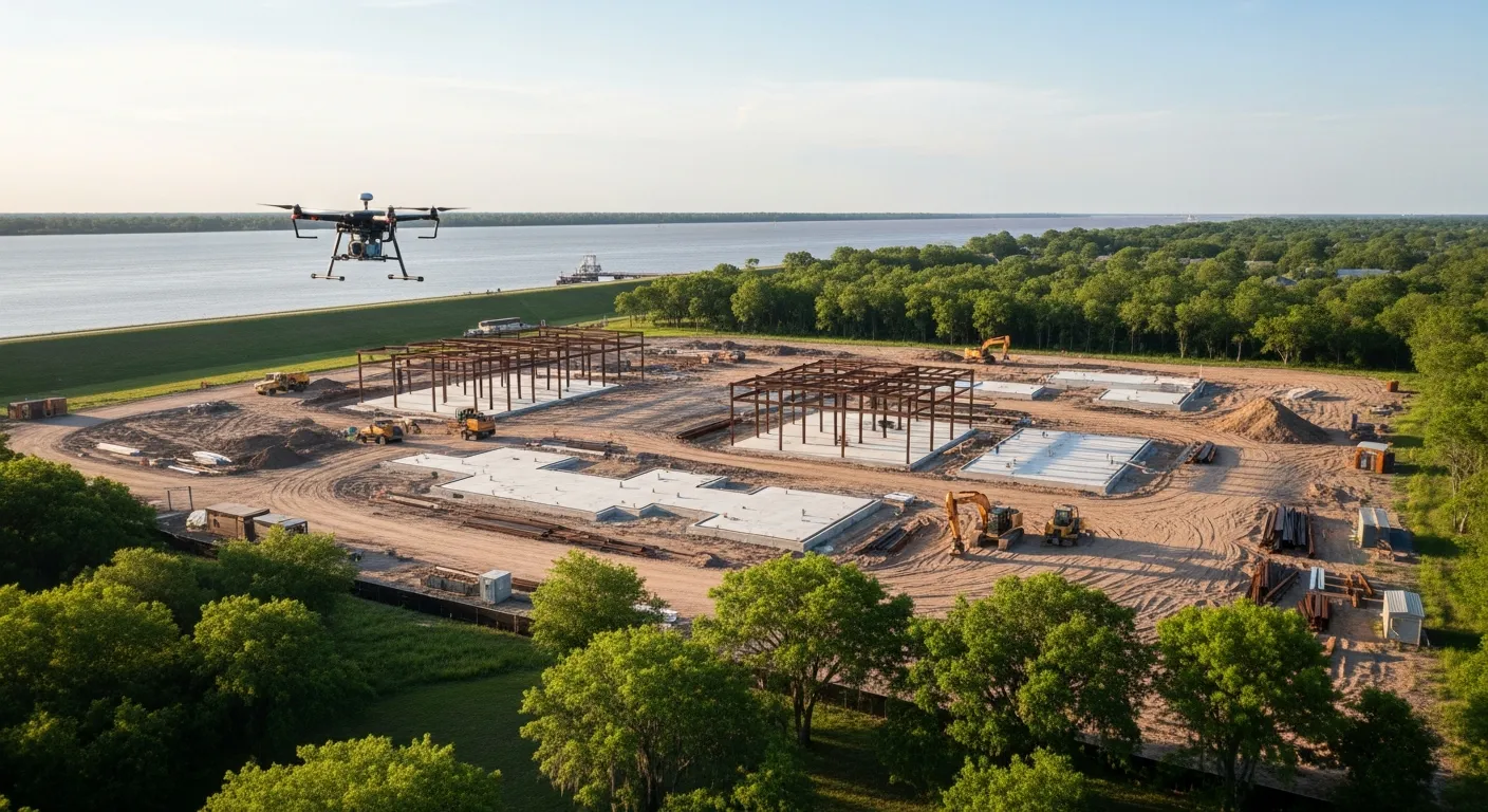 aerial imaging in progress at a construction site in Baton Rouge, LA with local terrain visible