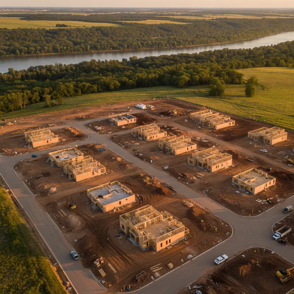 aerial imaging in progress at a construction site in Bellevue, NE with local terrain visible