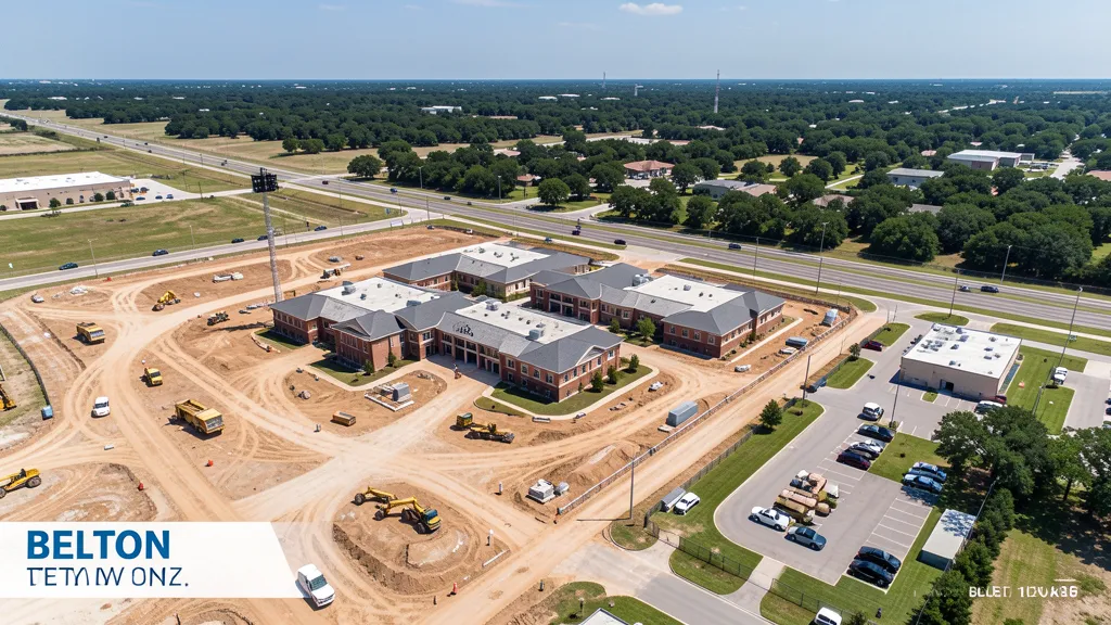 aerial imaging in progress at a construction site in Belton, TX with local terrain visible
