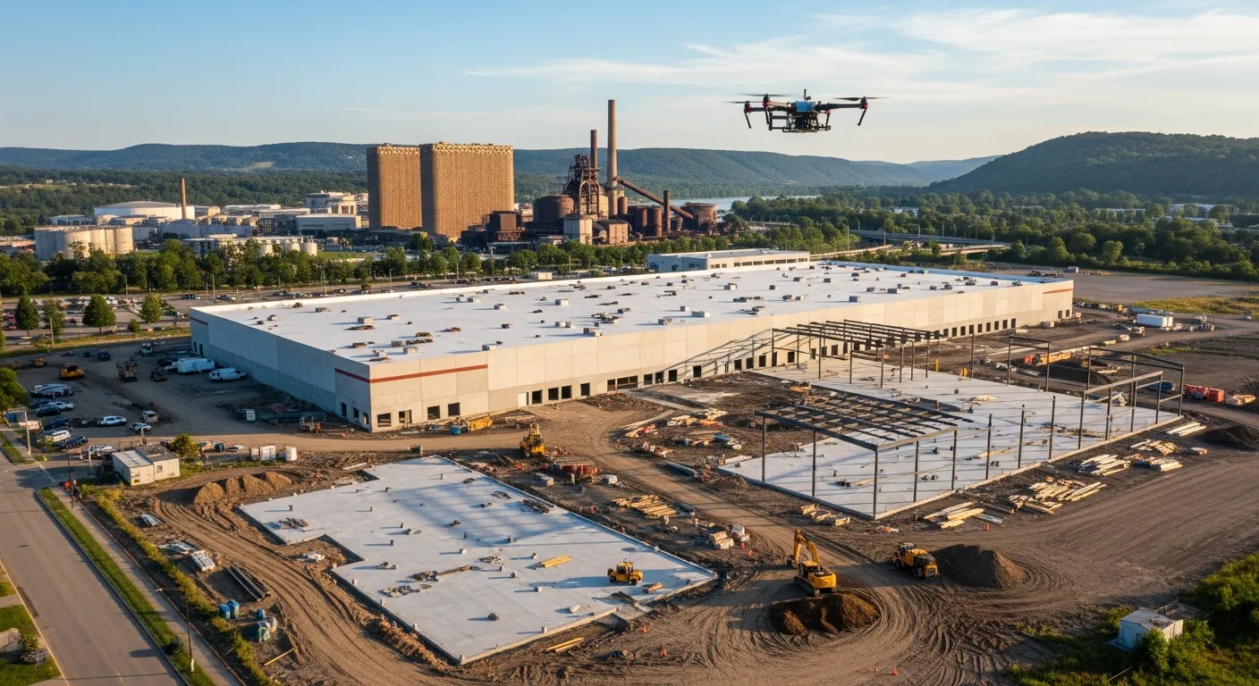 aerial imaging in progress at a construction site in Bethlehem, PA with local terrain visible