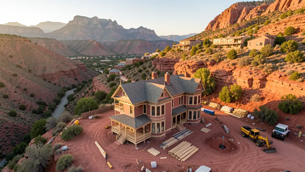 aerial imaging in progress at a construction site in Bisbee, AZ with local terrain visible