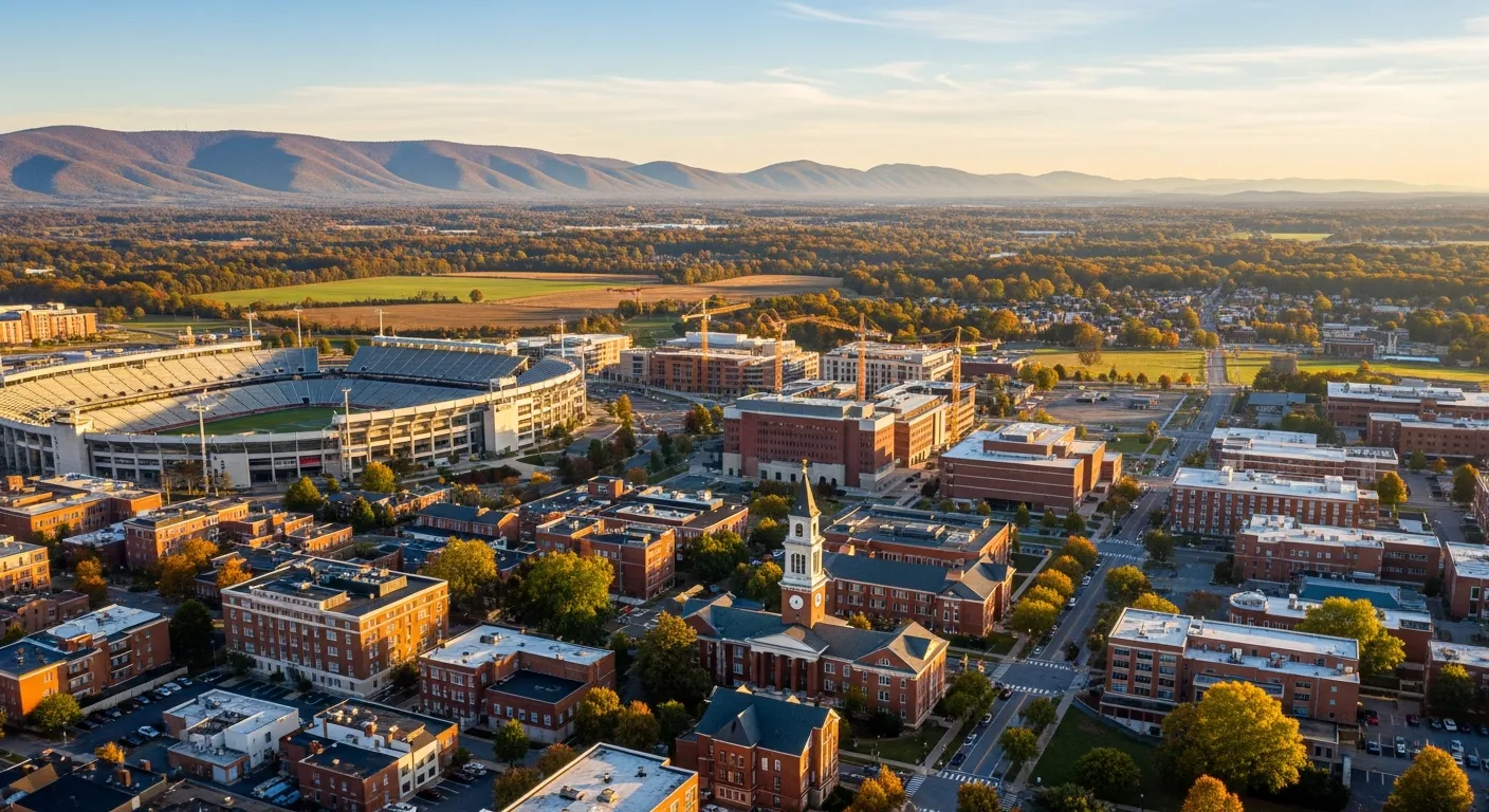 Aerial view of Blacksburg, VA showing the local landscape and terrain relevant to aerial imaging operations