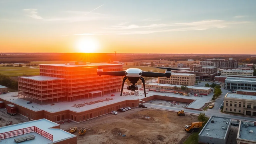 aerial imaging in progress at a construction site in Bloomington, IL with local terrain visible