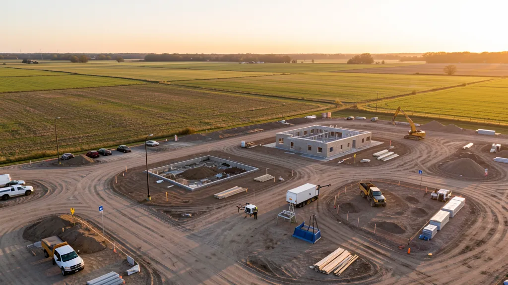 aerial imaging in progress at a construction site in Bolingbrook, IL with local terrain visible