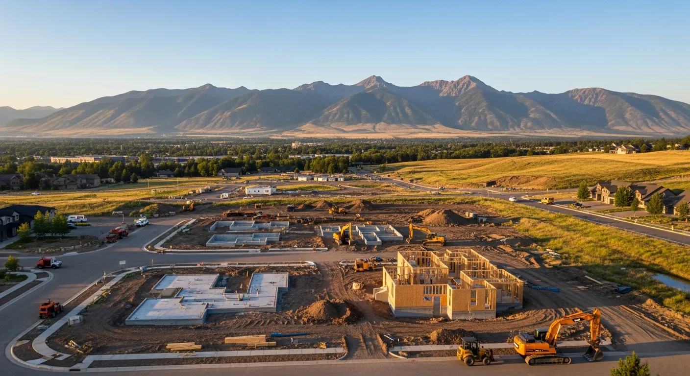 aerial imaging in progress at a construction site in Bozeman, MT with local terrain visible