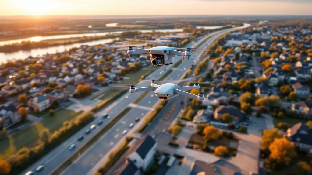 aerial imaging in progress at a construction site in Brooklyn Park, MN with local terrain visible