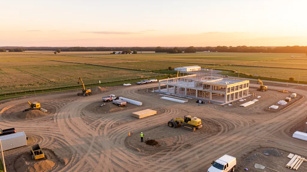 aerial imaging in progress at a construction site in Buffalo Grove, IL with local terrain visible