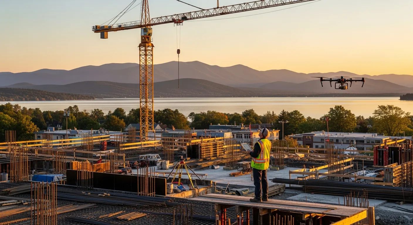 aerial imaging in progress at a construction site in Burlington, VT with local terrain visible