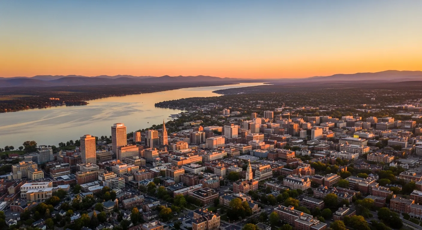Aerial view of Burlington, VT showing the local landscape and terrain relevant to aerial imaging operations