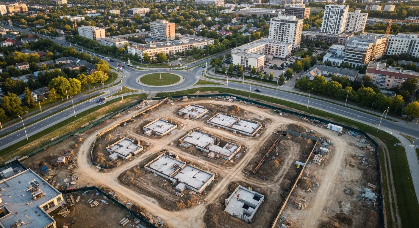 aerial imaging in progress at a construction site in Carmel, IN with local terrain visible