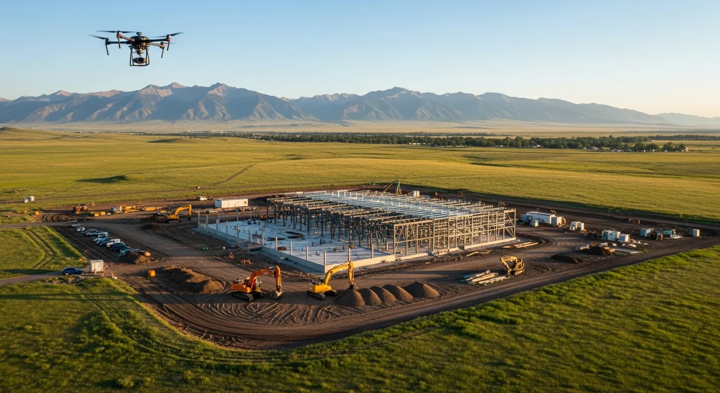 aerial imaging in progress at a construction site in Cheyenne, WY with local terrain visible