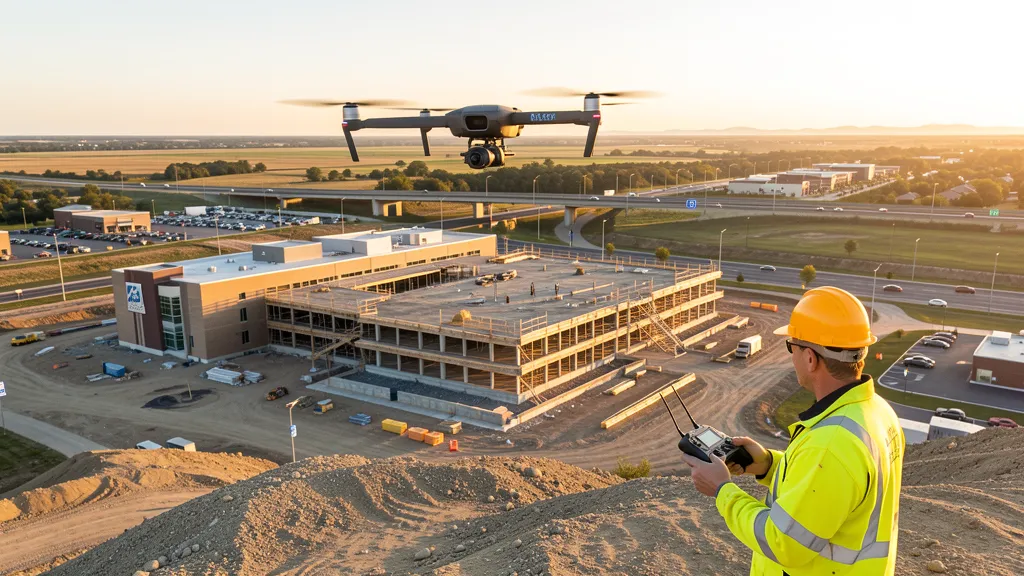 aerial imaging in progress at a construction site in Clinton Township, MI with local terrain visible