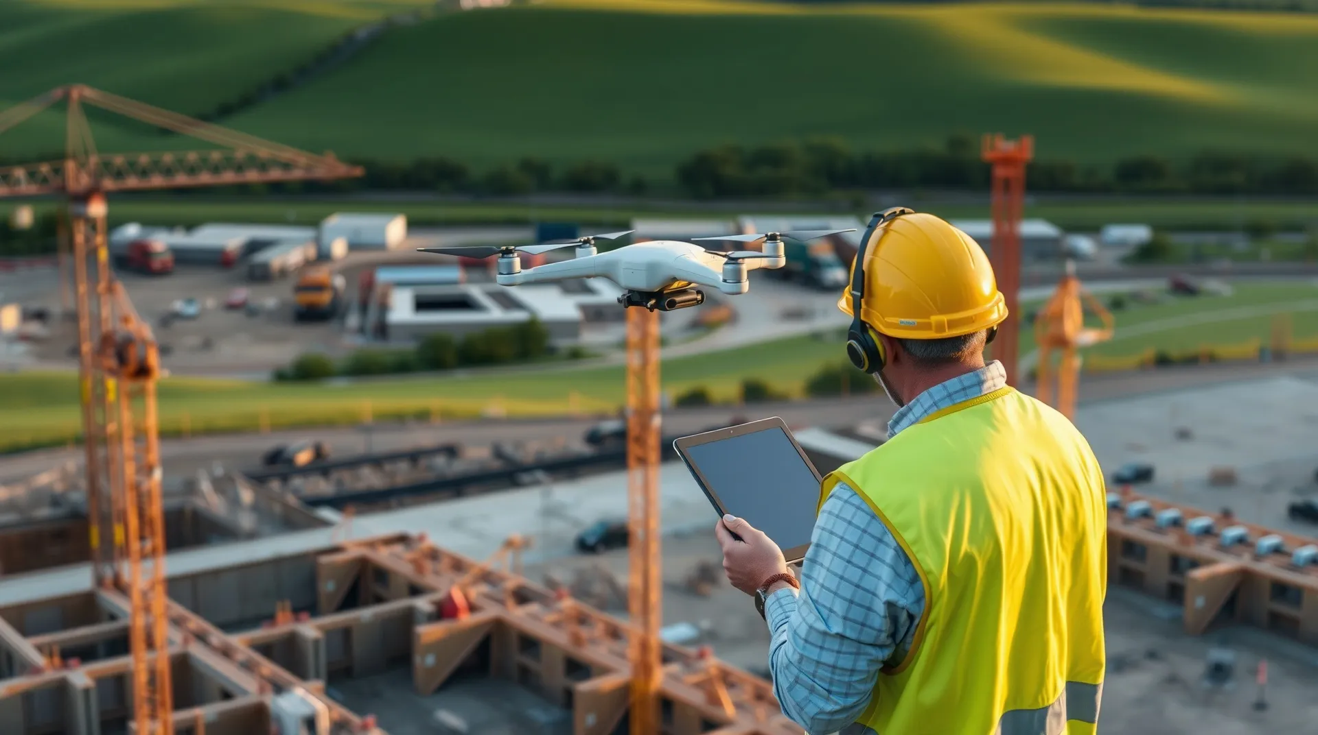 aerial imaging in progress at a construction site in Dublin, OH with local terrain visible