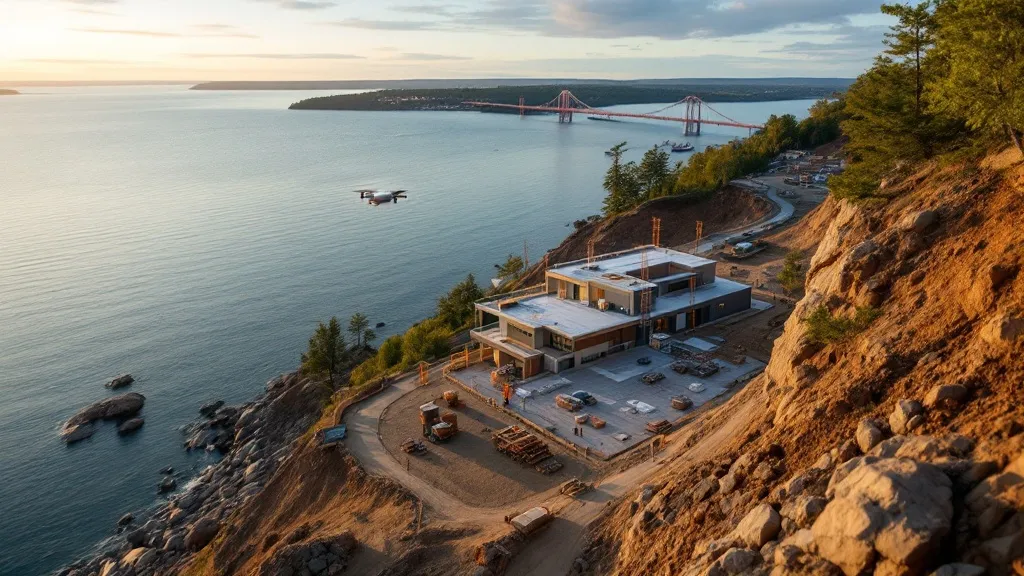 aerial imaging in progress at a construction site in Duluth, MN with local terrain visible