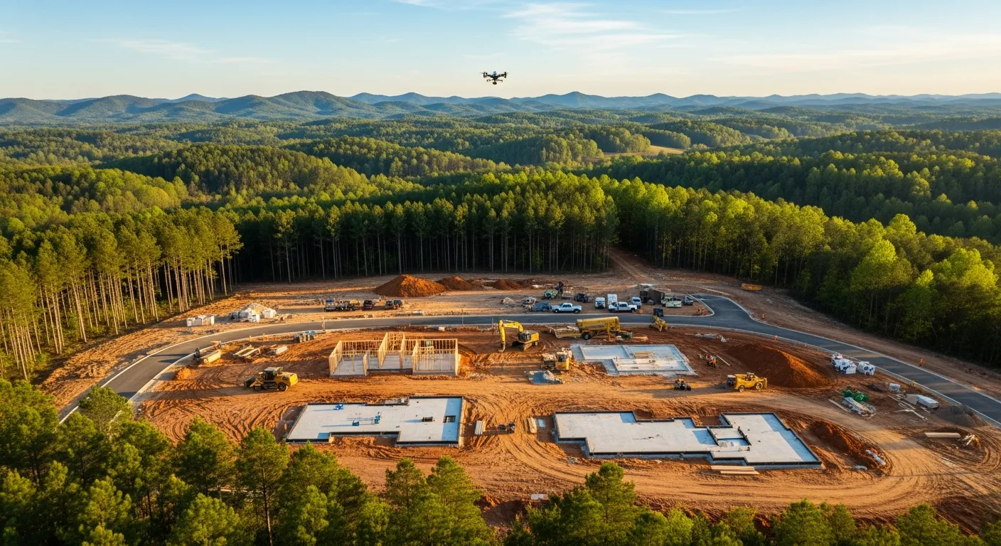 aerial imaging in progress at a construction site in Easley, SC with local terrain visible
