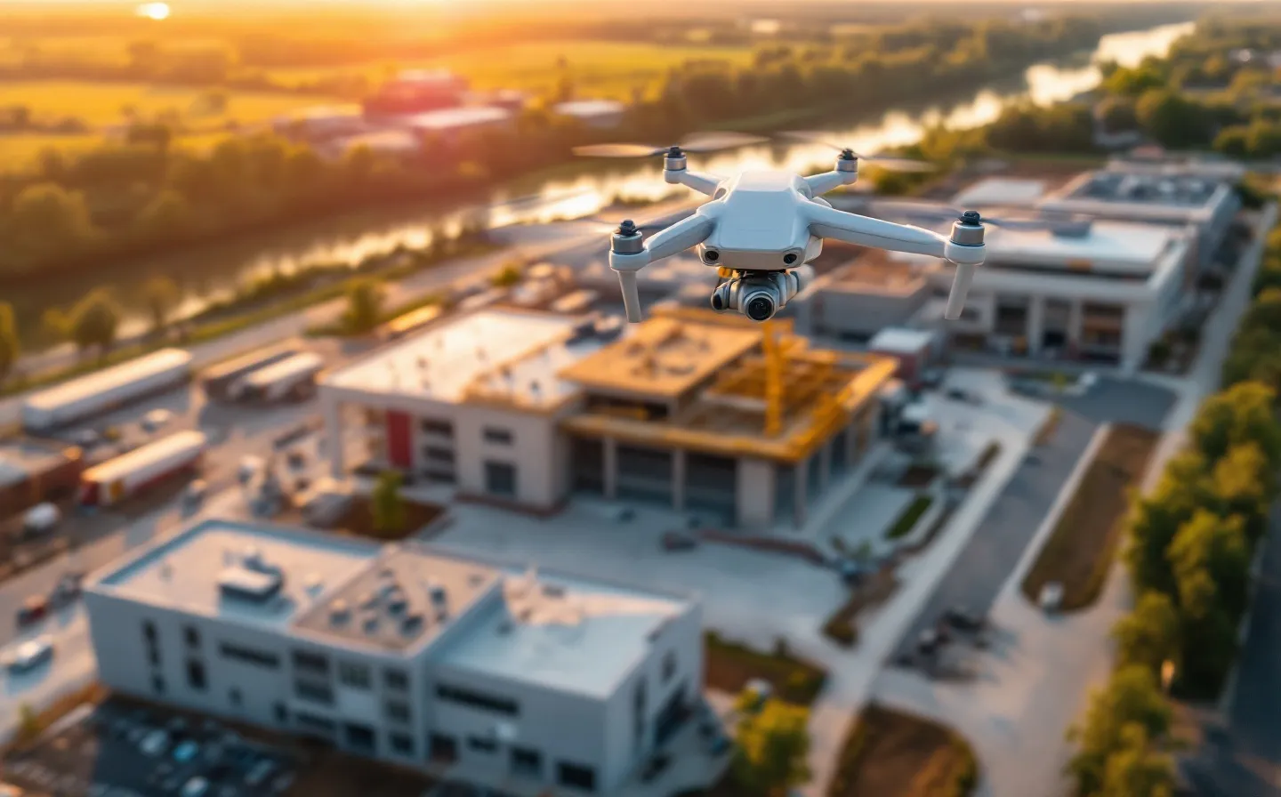 aerial imaging in progress at a construction site in Evansville, IN with local terrain visible