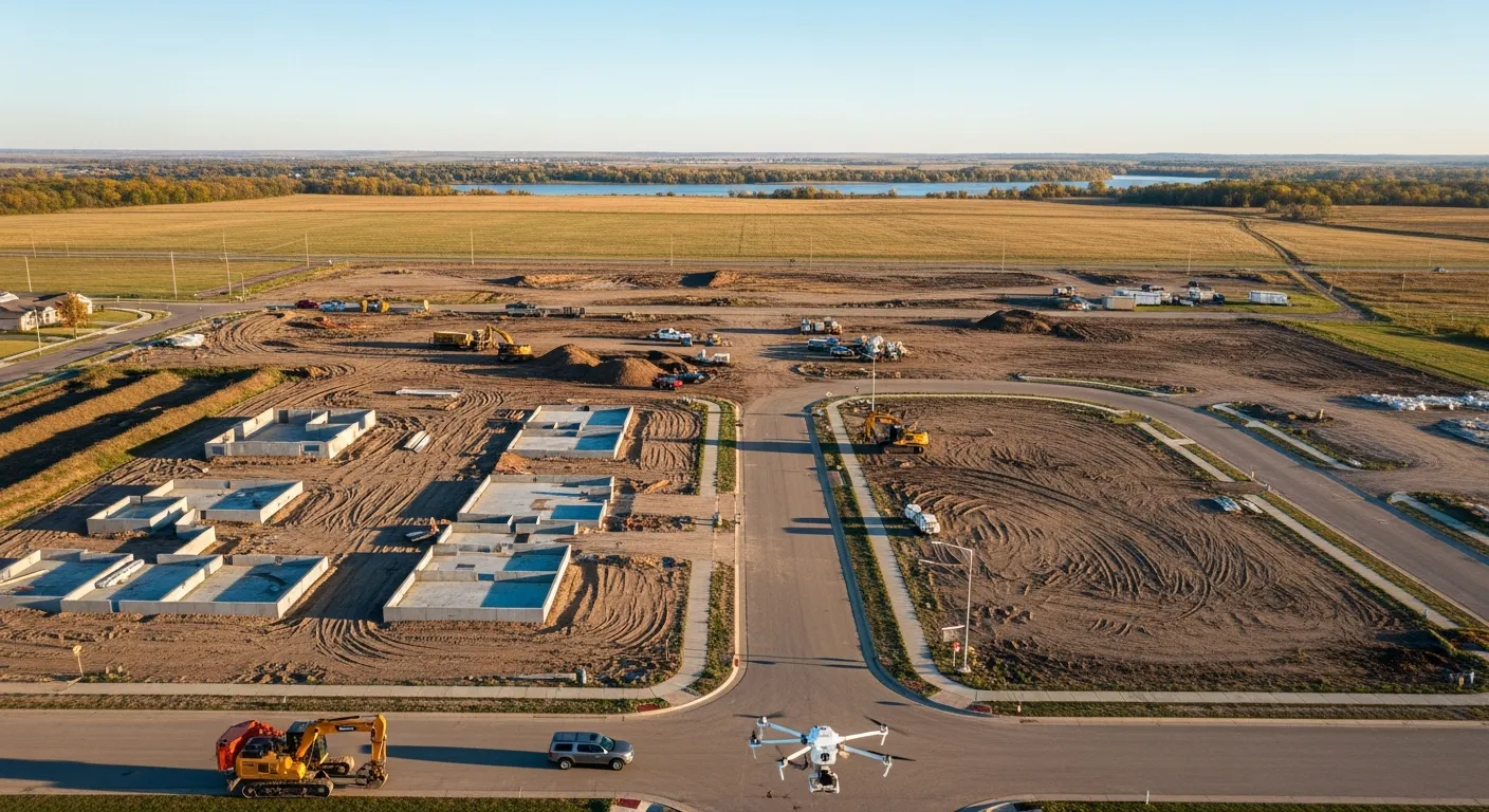 aerial imaging in progress at a construction site in Fargo, ND with local terrain visible