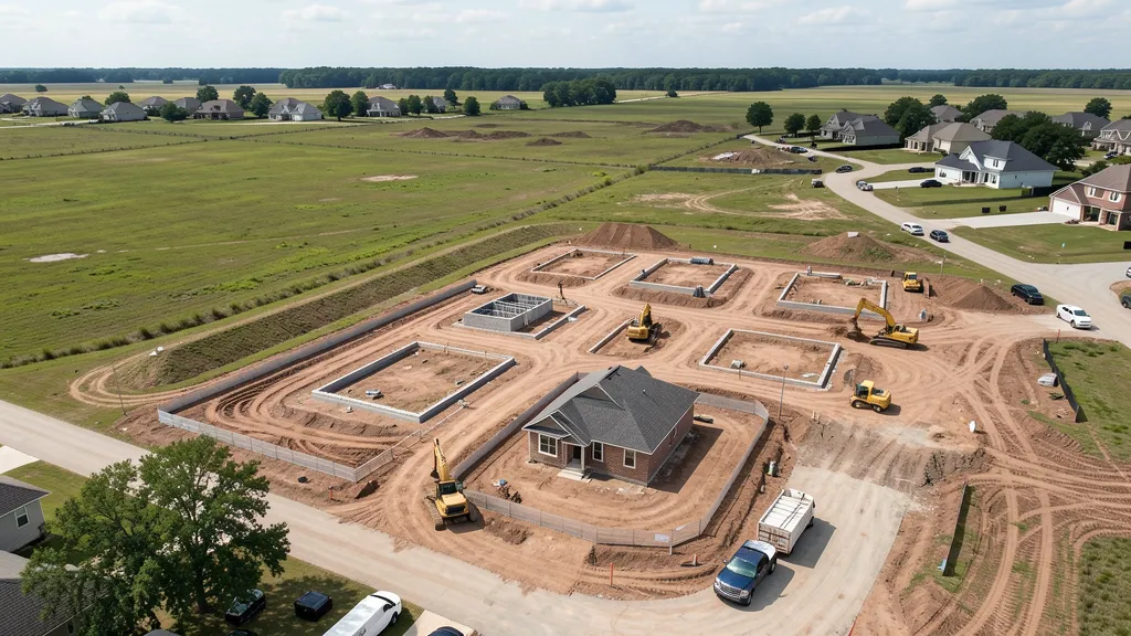 aerial imaging in progress at a construction site in Forney, TX with local terrain visible