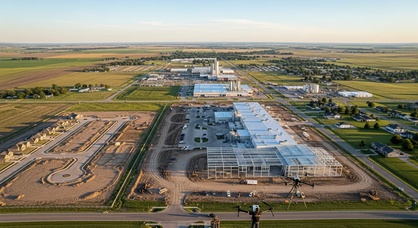 aerial imaging in progress at a construction site in Fremont, NE with local terrain visible