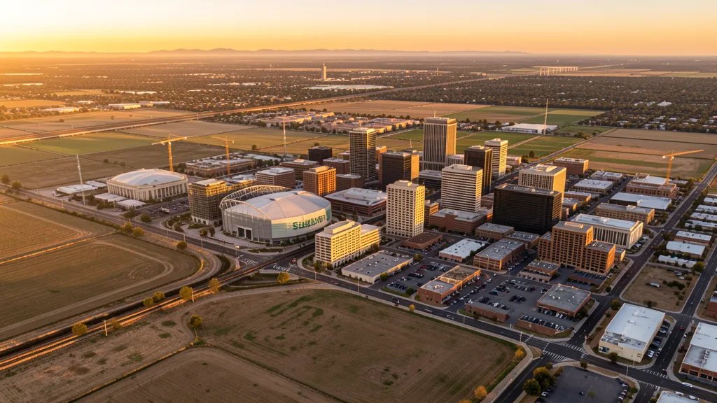 Aerial view of Fresno, CA showing the local landscape and terrain relevant to aerial imaging operations