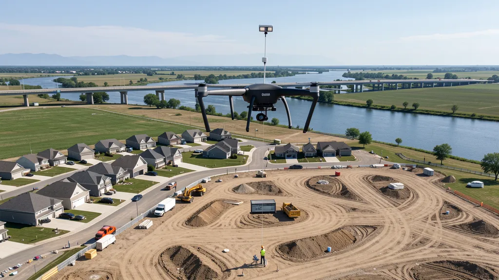 aerial imaging in progress at a construction site in Grandville, MI with local terrain visible
