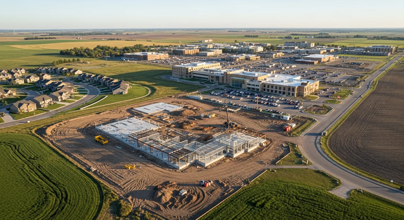 aerial imaging in progress at a construction site in Hastings, NE with local terrain visible