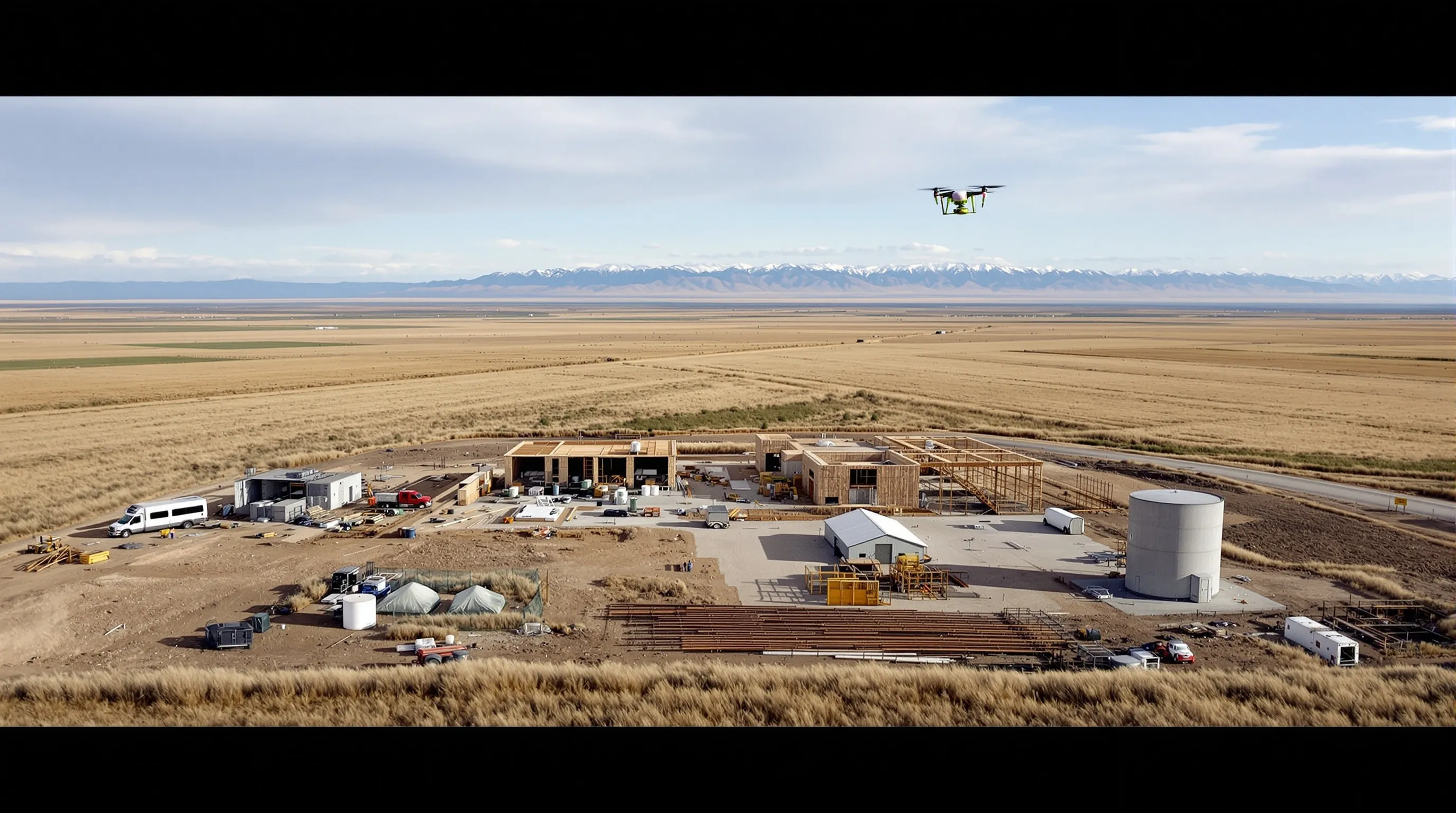 aerial imaging in progress at a construction site in Havre, MT with local terrain visible