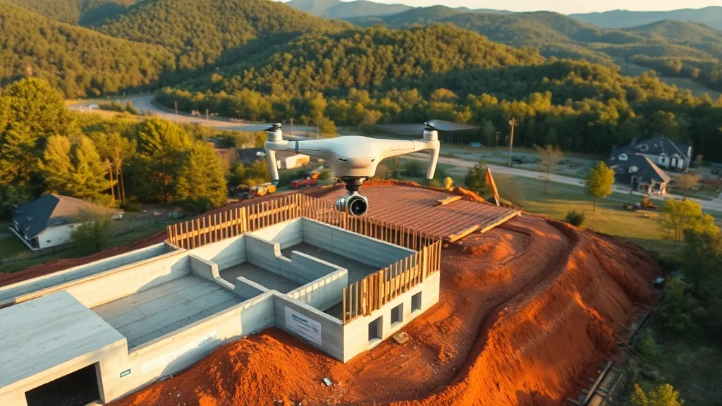 aerial imaging in progress at a construction site in Hoover, AL with local terrain visible