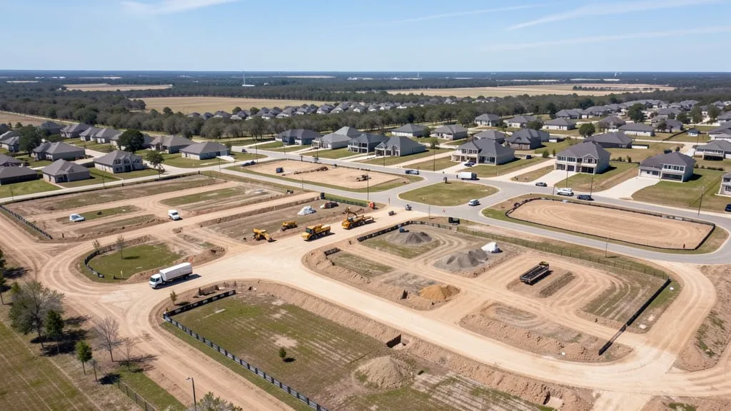 aerial imaging in progress at a construction site in Hutto, TX with local terrain visible