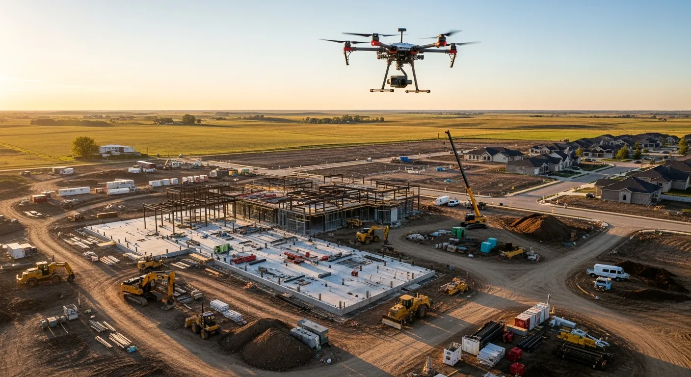 aerial imaging in progress at a construction site in Kearney, NE with local terrain visible