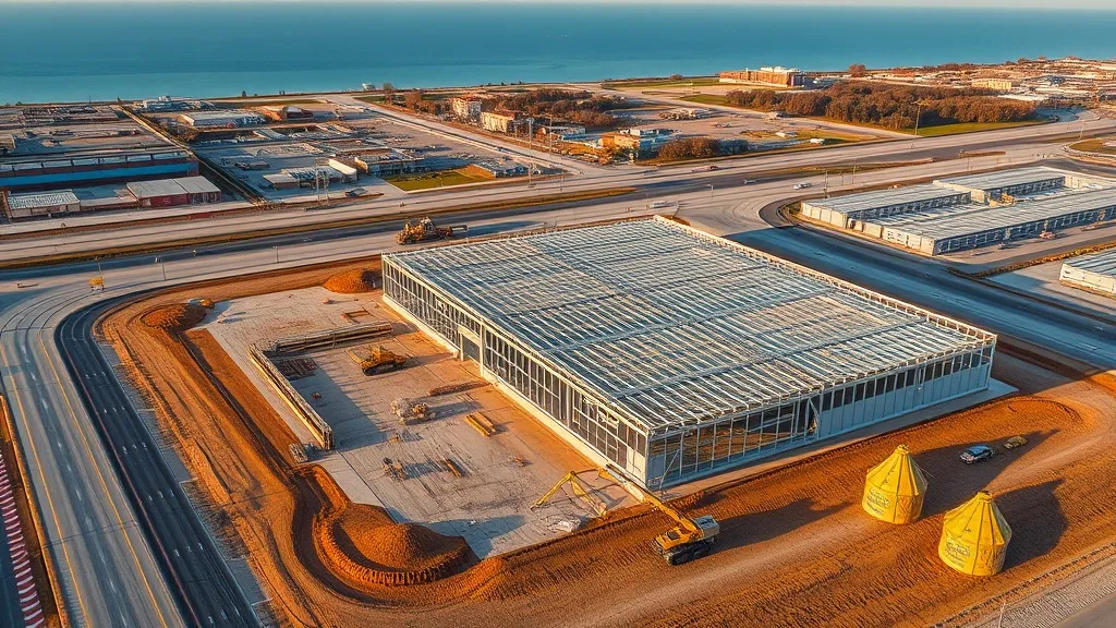 aerial imaging in progress at a construction site in Kenosha, WI with local terrain visible
