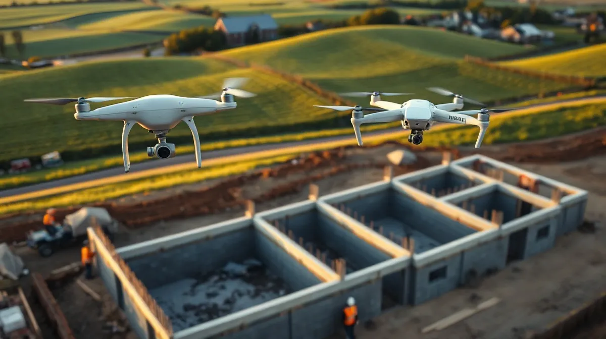 aerial imaging in progress at a construction site in Lancaster, PA with local terrain visible