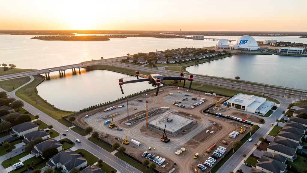 aerial imaging in progress at a construction site in League City, TX with local terrain visible
