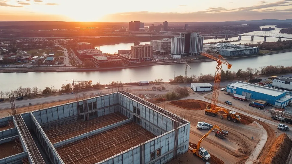 aerial imaging in progress at a construction site in Little Rock, AR with local terrain visible