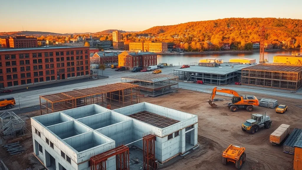 aerial imaging in progress at a construction site in Manchester, NH with local terrain visible