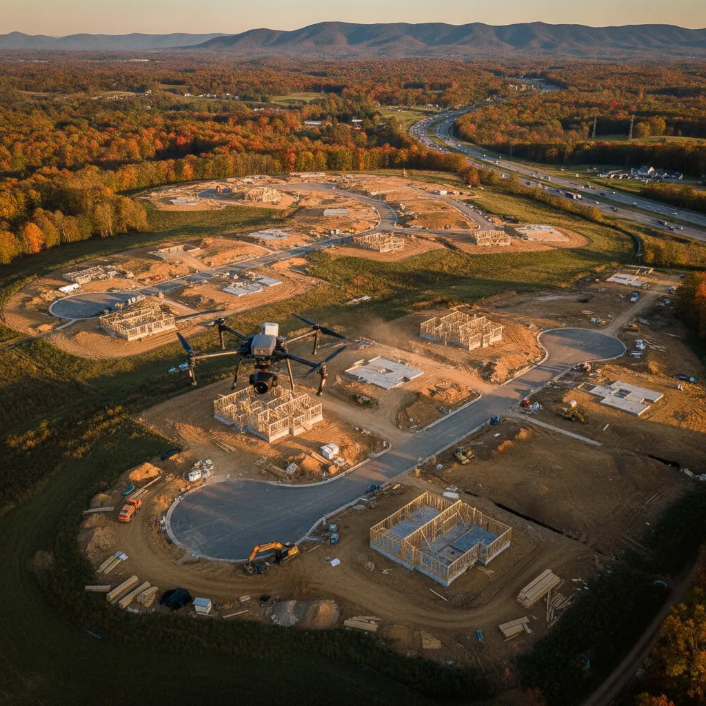 aerial imaging in progress at a construction site in Martinsburg, WV with local terrain visible
