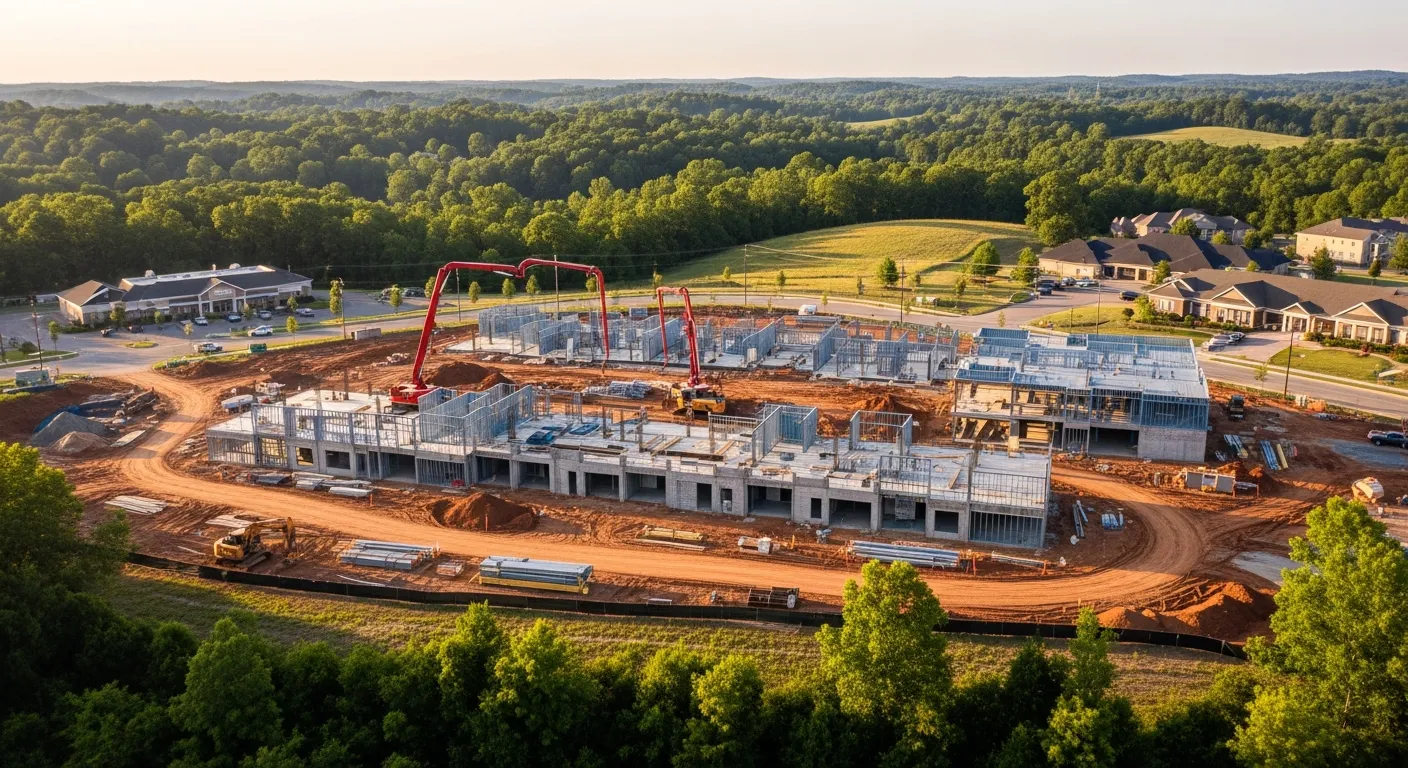aerial imaging in progress at a construction site in Mauldin, SC with local terrain visible