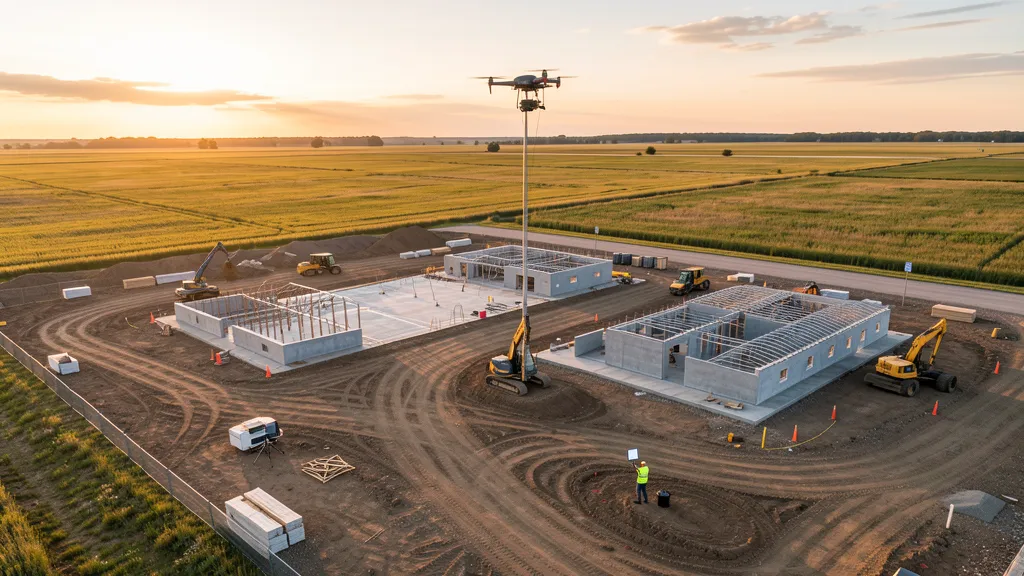 aerial imaging in progress at a construction site in McHenry, IL with local terrain visible