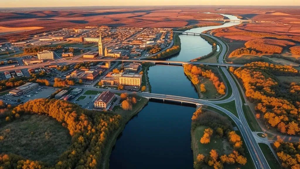 Aerial view of Menomonie, WI showing the local landscape and terrain relevant to aerial imaging operations