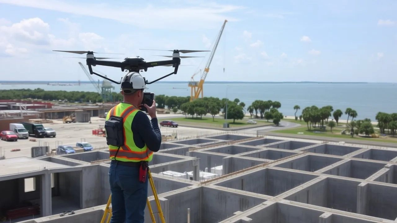 aerial imaging in progress at a construction site in Mobile, AL with local terrain visible