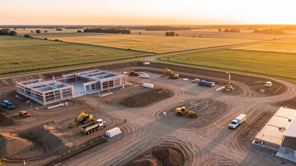 aerial imaging in progress at a construction site in Moline, IL with local terrain visible