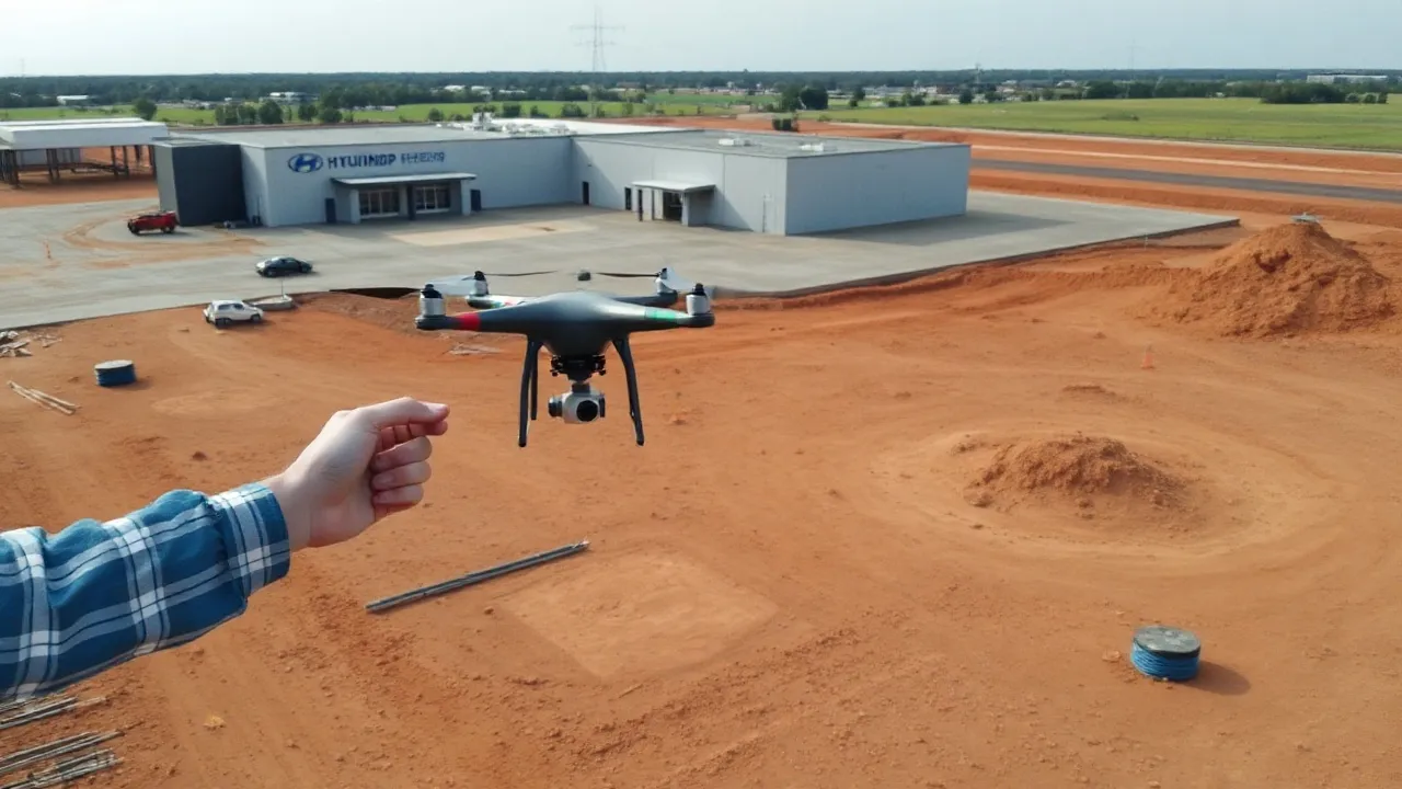 aerial imaging in progress at a construction site in Montgomery, AL with local terrain visible