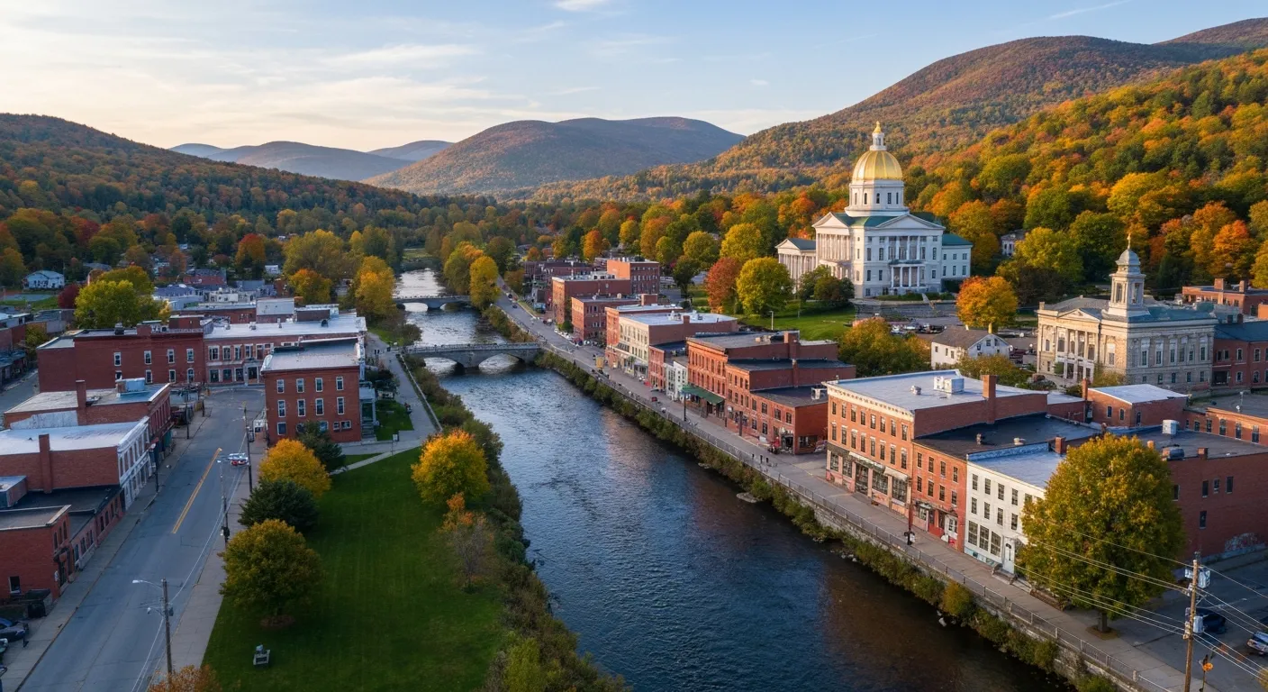 Aerial view of Montpelier, VT showing the local landscape and terrain relevant to aerial imaging operations
