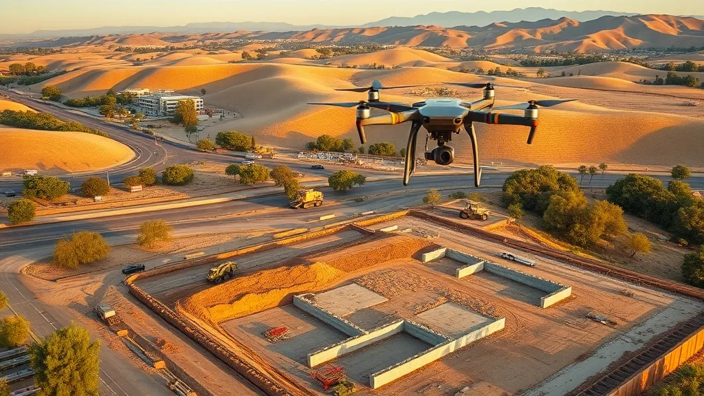 aerial imaging in progress at a construction site in Morgan Hill, CA with local terrain visible