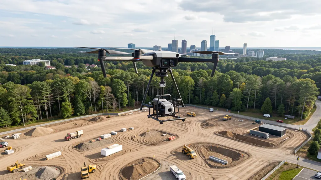 aerial imaging in progress at a construction site in Nashua, NH with local terrain visible