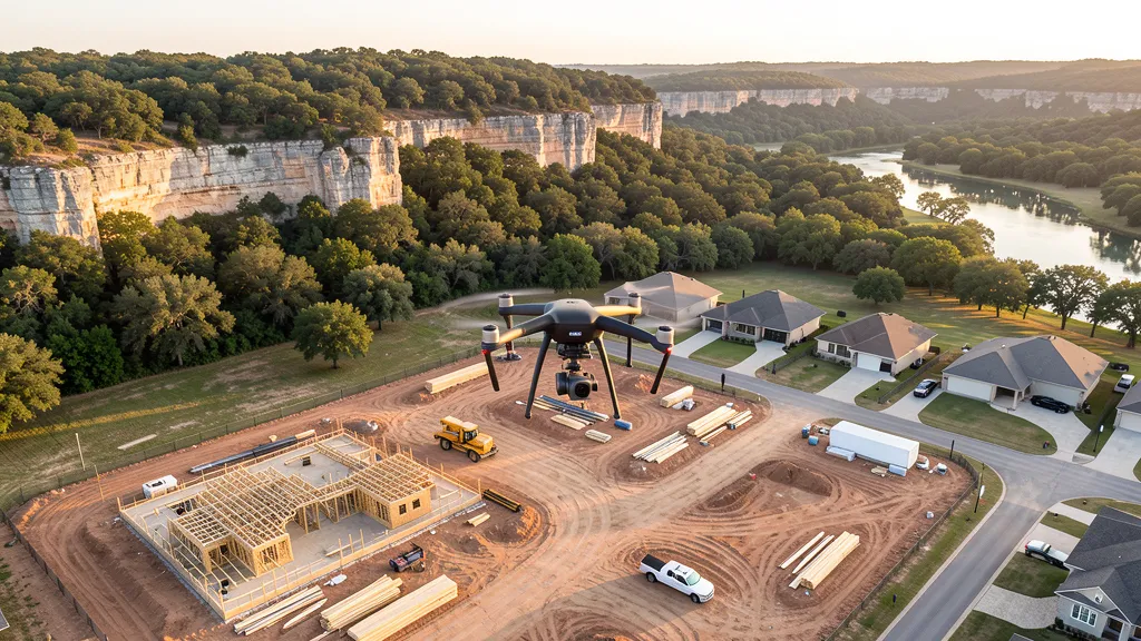 aerial imaging in progress at a construction site in New Braunfels, TX with local terrain visible