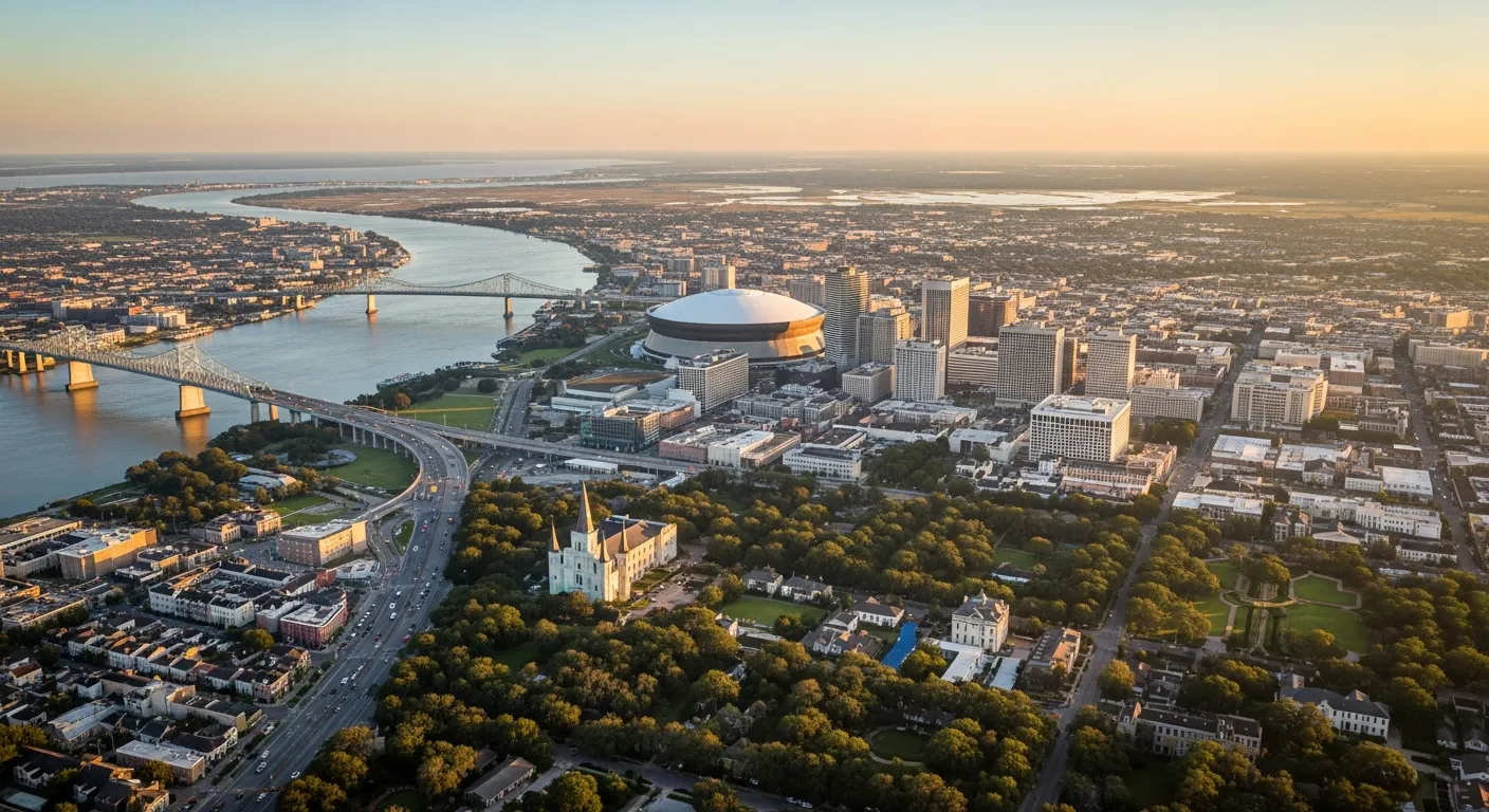 Aerial view of New Orleans, LA showing the local landscape and terrain relevant to aerial imaging operations