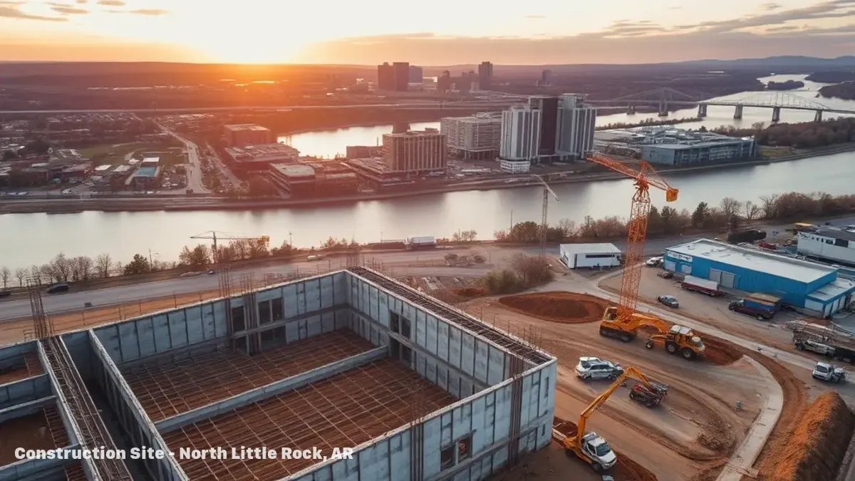 aerial imaging in progress at a construction site in North Little Rock, AR with local terrain visible