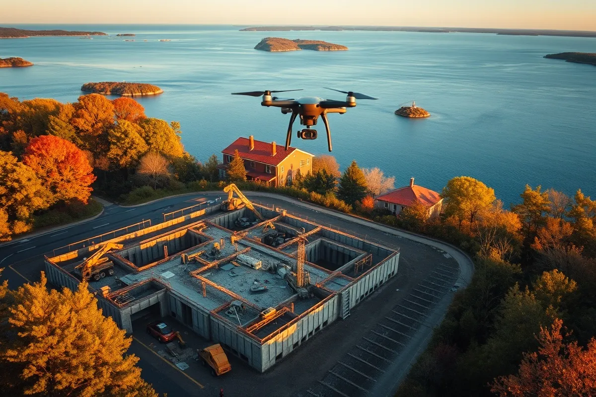 aerial imaging in progress at a construction site in Norwalk, CT with local terrain visible